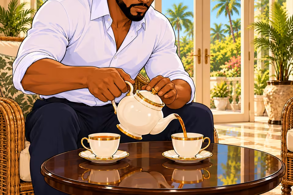 Chuka pours tea with steady hands.