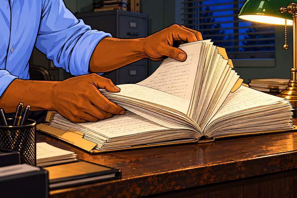 The case file fills a thick stack of pages.