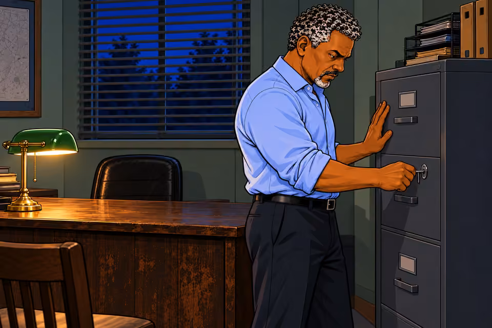 Musa locks the case file in the cabinet.