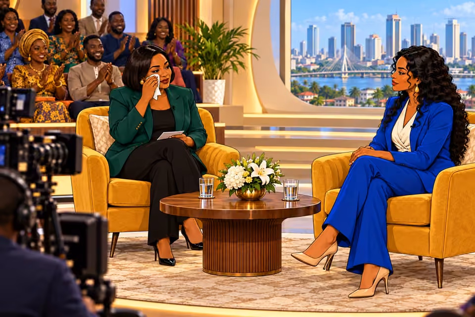 The host cries while the studio audience applauds.