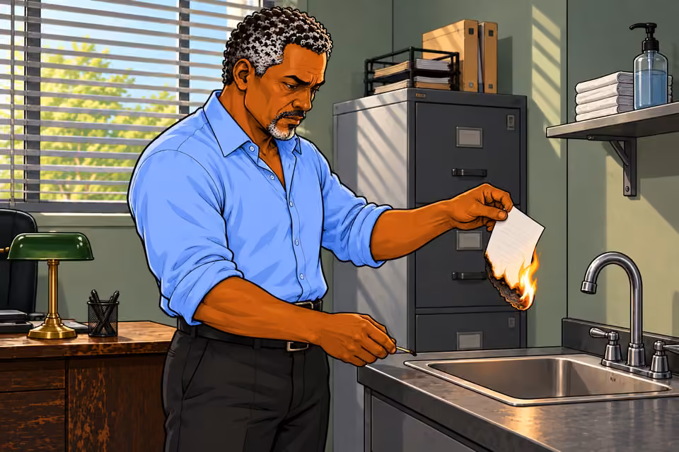 Musa burns the note over his office sink.