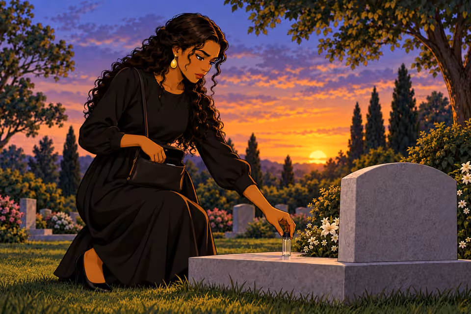 Amaka places the empty vial on the headstone.
