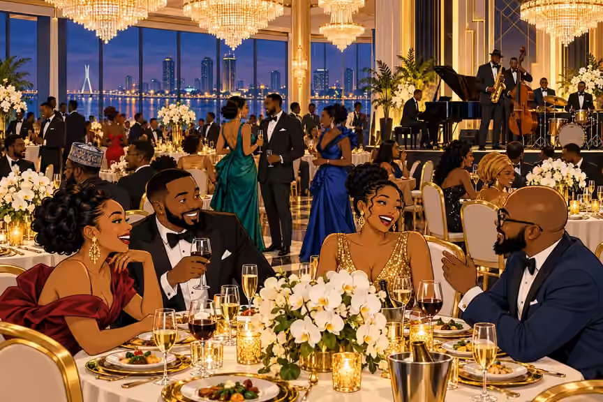 Guests mingle beneath chandeliers at the foundation gala as a jazz band plays.