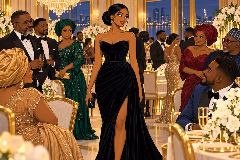 Amaka stands at the center of the foundation gala in a black velvet gown.