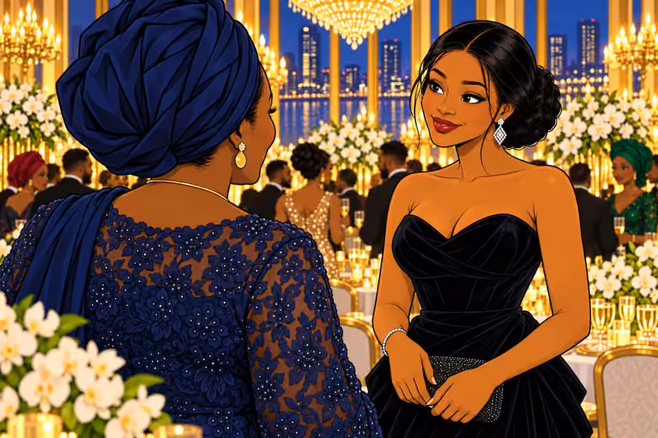 Amaka turns toward the woman from the Ministry at the gala.