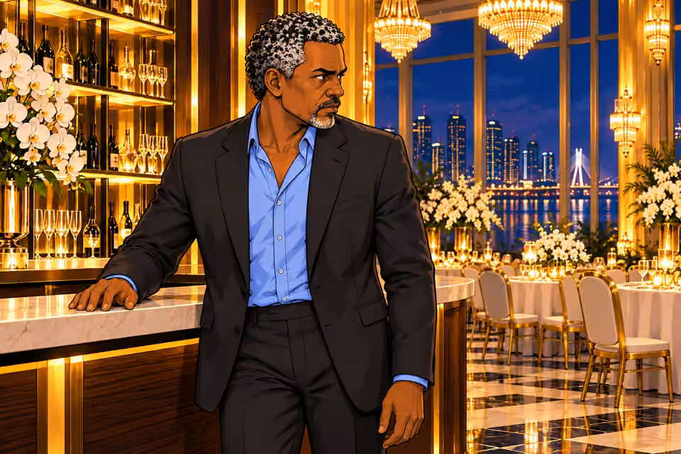 Musa stands in a dark suit, watching without a drink.