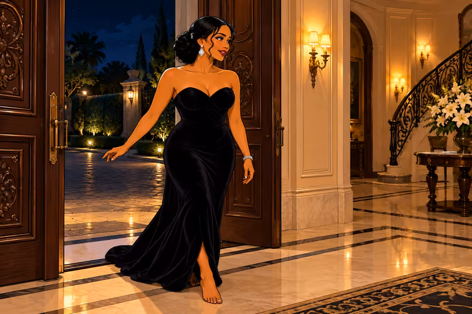 Cartoon illustration: Amaka returns to the estate alone after the gala.