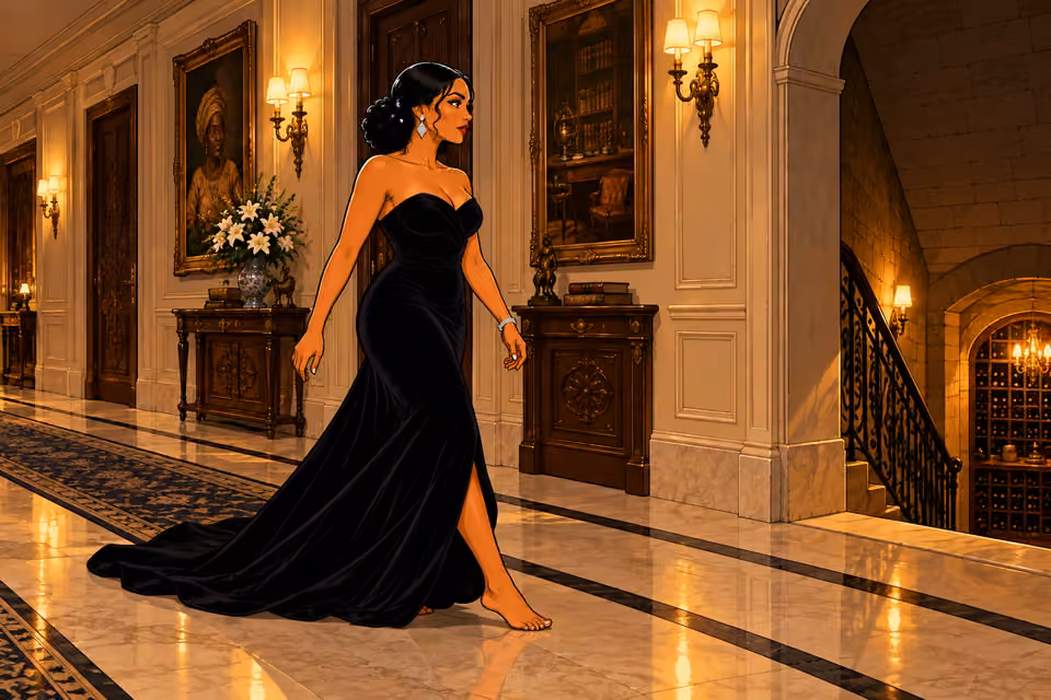 Cartoon illustration: Amaka walks barefoot toward the wine cellar.
