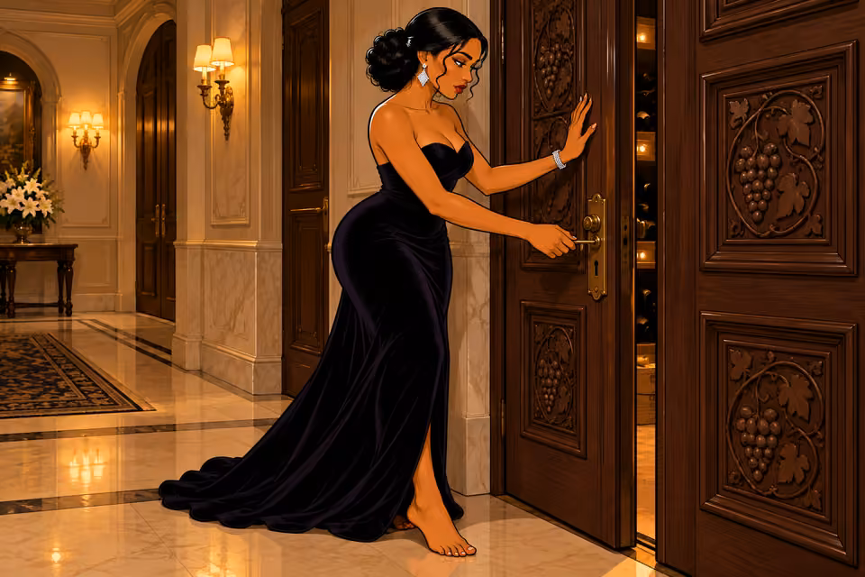 Cartoon illustration: Amaka unlocks the cellar door.