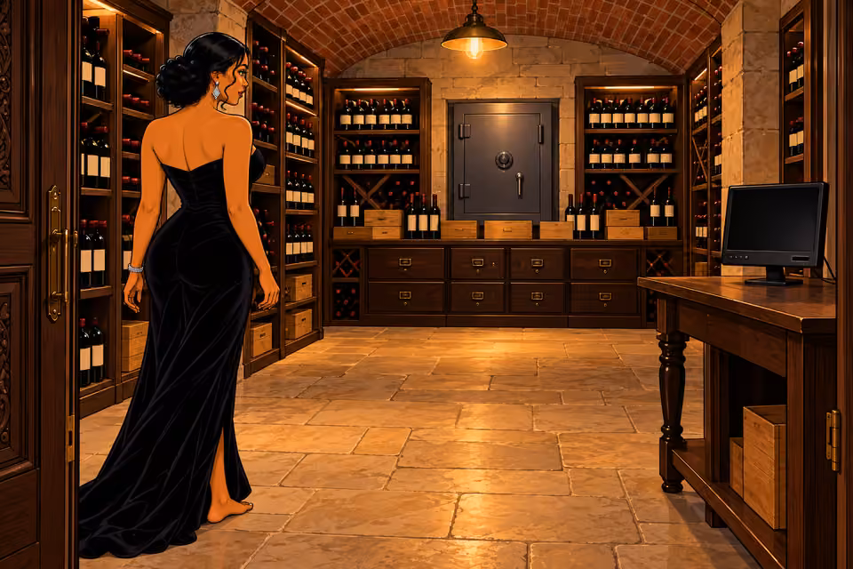 Cartoon illustration: A safe waits behind the wine racks and cabinets.