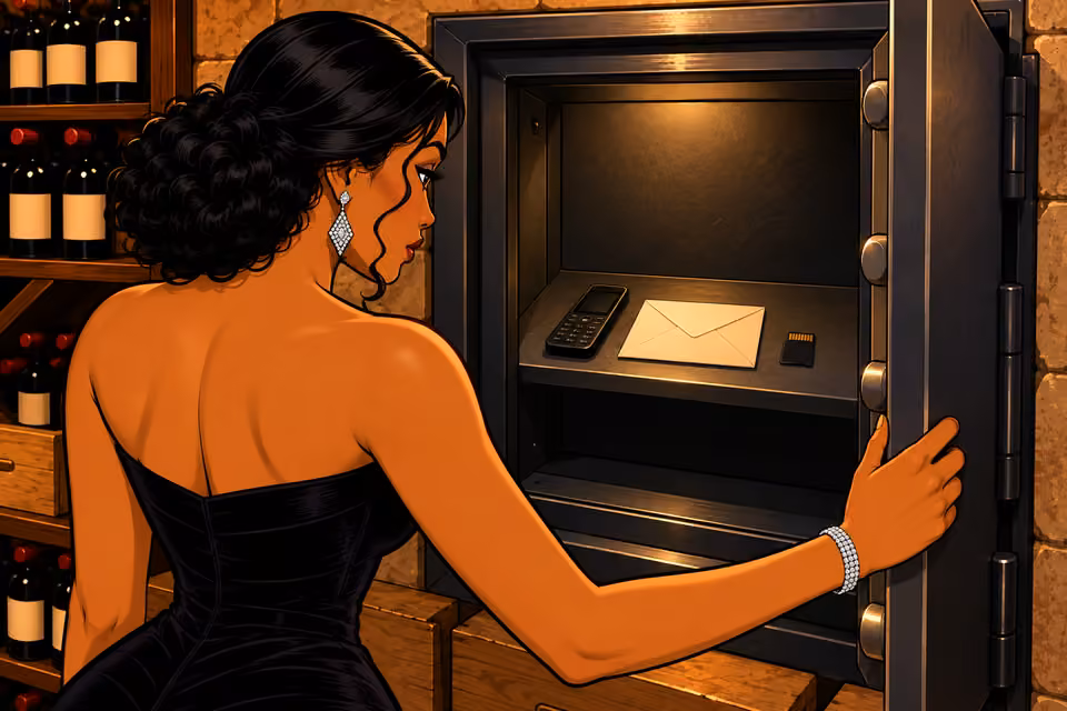 Cartoon illustration: The safe contains a burner phone, envelope and memory card.