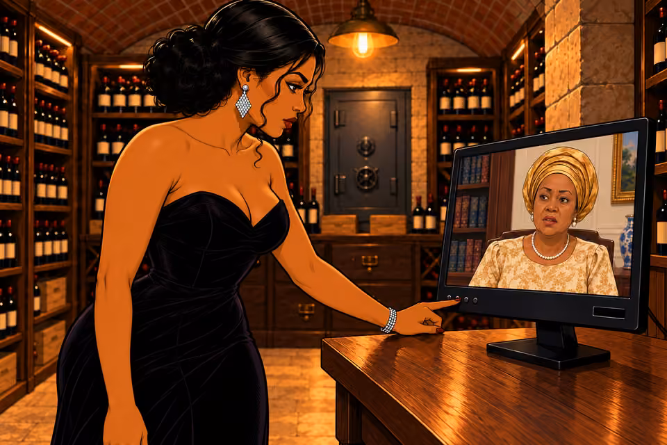 Cartoon illustration: Amaka pauses the video.