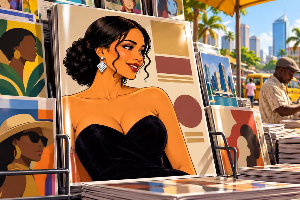 Cartoon illustration: A magazine cover celebrates Amaka the next morning.