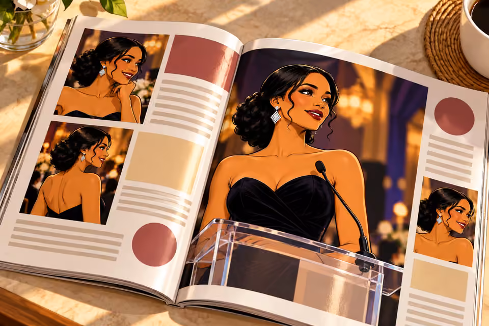 Cartoon illustration: The feature praises Amaka and displays photographs from the gala.