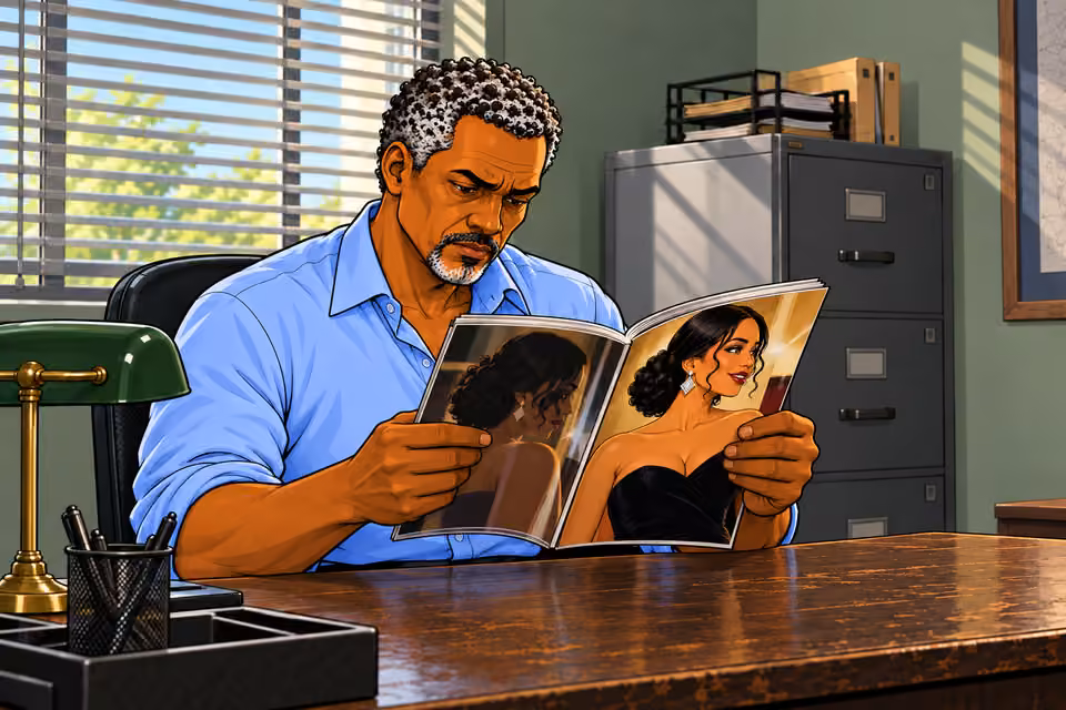 Cartoon illustration: Musa reads the magazine feature in silence.