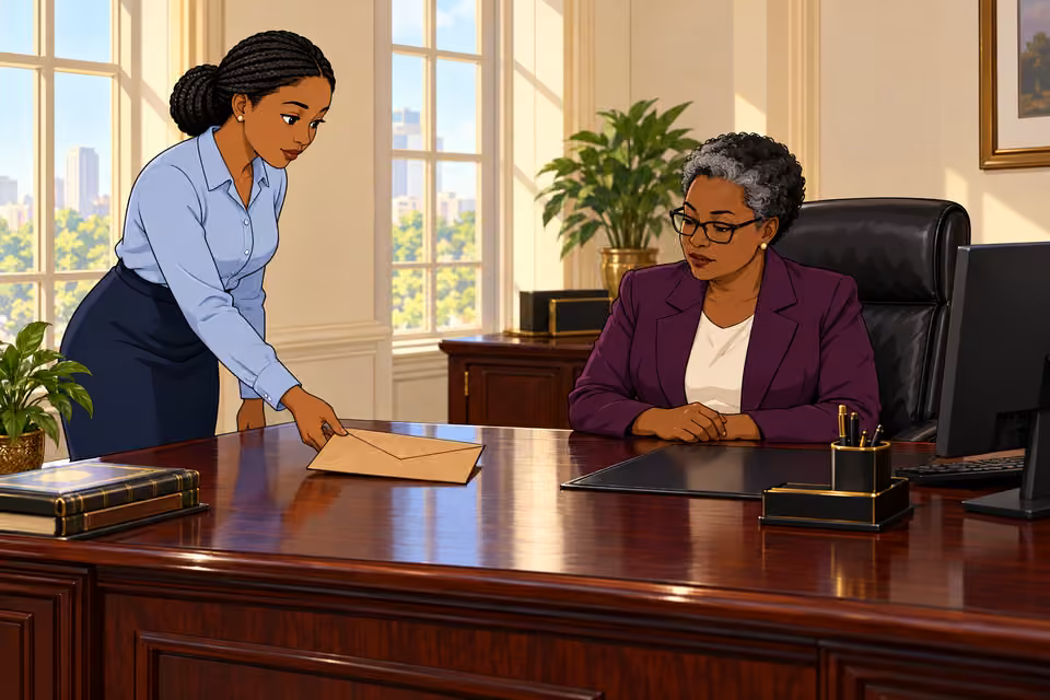 Cartoon illustration: A junior aide places a sealed envelope on the Commissioner’s desk.