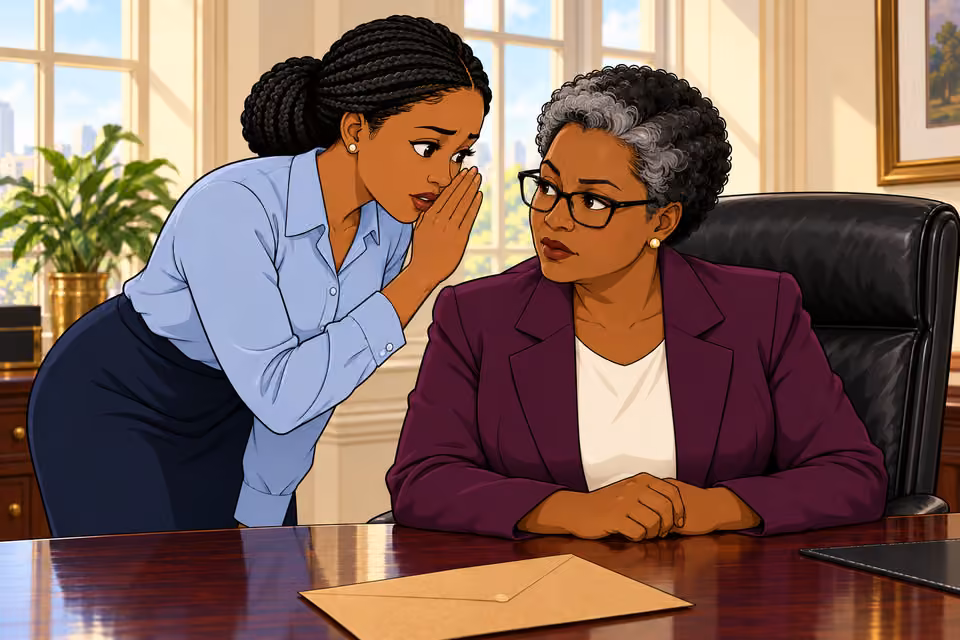 Cartoon illustration: The aide quietly asks the Commissioner to look.