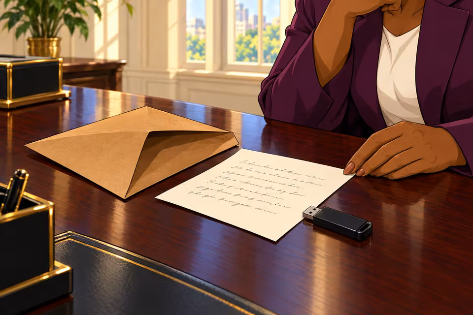 Cartoon illustration: The envelope contains a note and a flash drive.