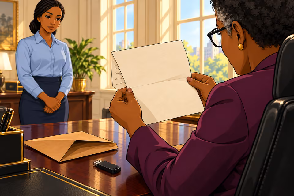 Cartoon illustration: The Commissioner begins reading the handwritten note.