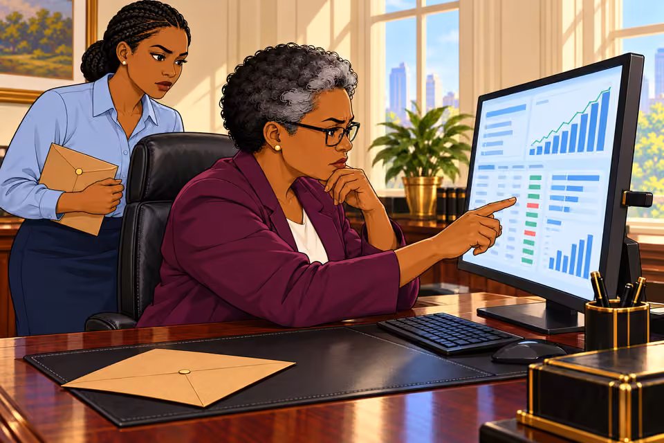 Cartoon illustration: The records show money moving between accounts.