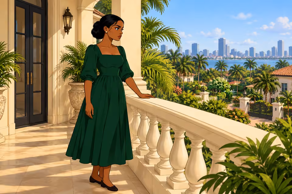 Cartoon illustration: Amaka stands on the estate balcony.