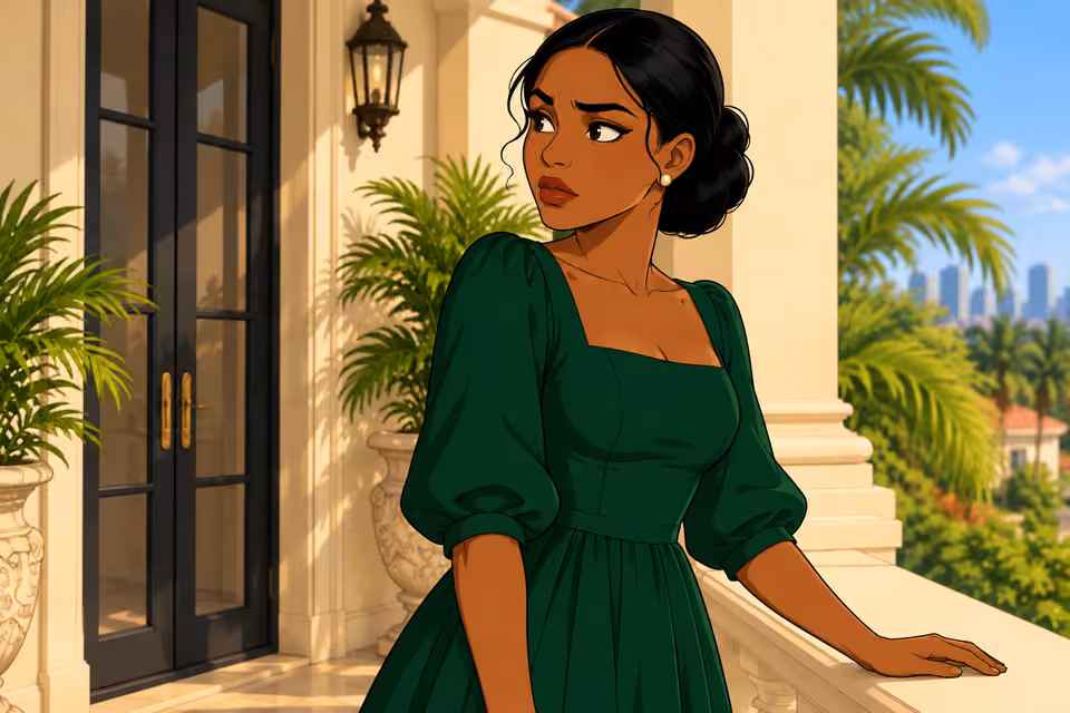 Cartoon illustration: A knock interrupts Amaka on the balcony.