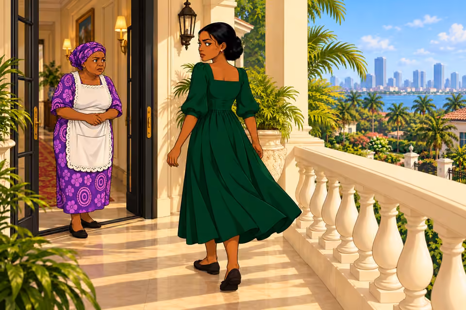Cartoon illustration: Amaka turns toward the interior.
