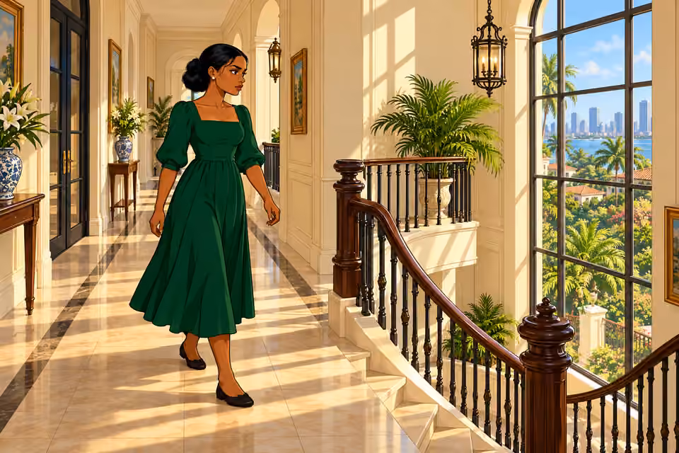 Cartoon illustration: Amaka walks to the stairwell.