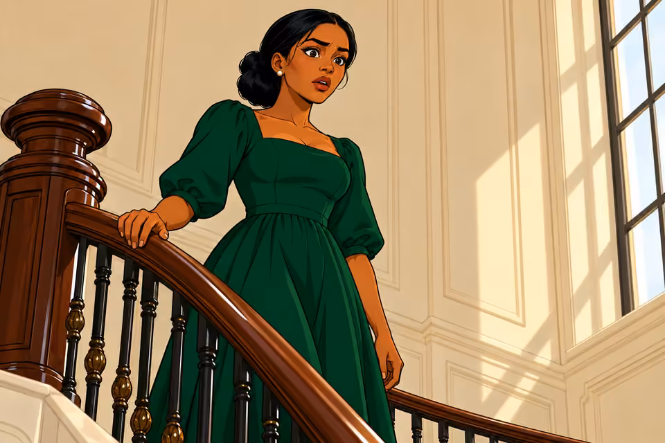 Cartoon illustration: Amaka freezes at the stairwell.