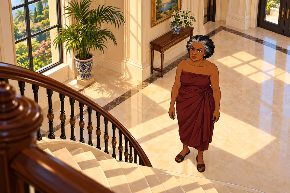 Cartoon illustration: An elderly woman waits at the foot of the stairs.