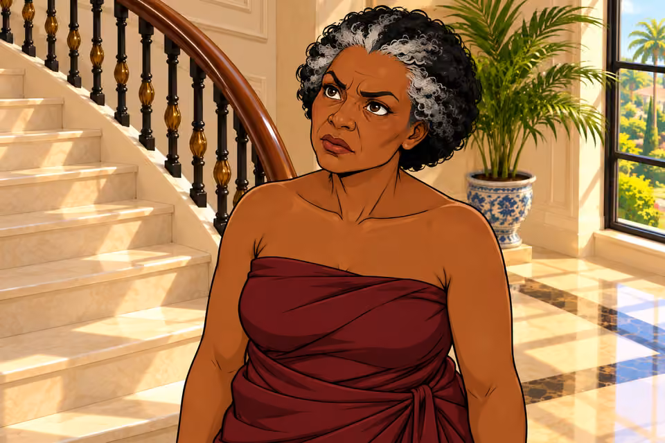 Cartoon illustration: The visitor wears a simple wrapper and no makeup.