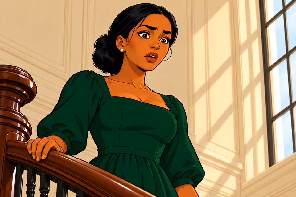 Cartoon illustration: Amaka recognizes the elderly visitor immediately.