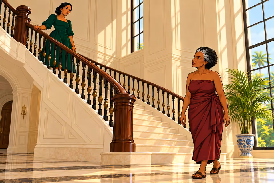 Cartoon illustration: Oluchi steps forward and warns that origin catches up.