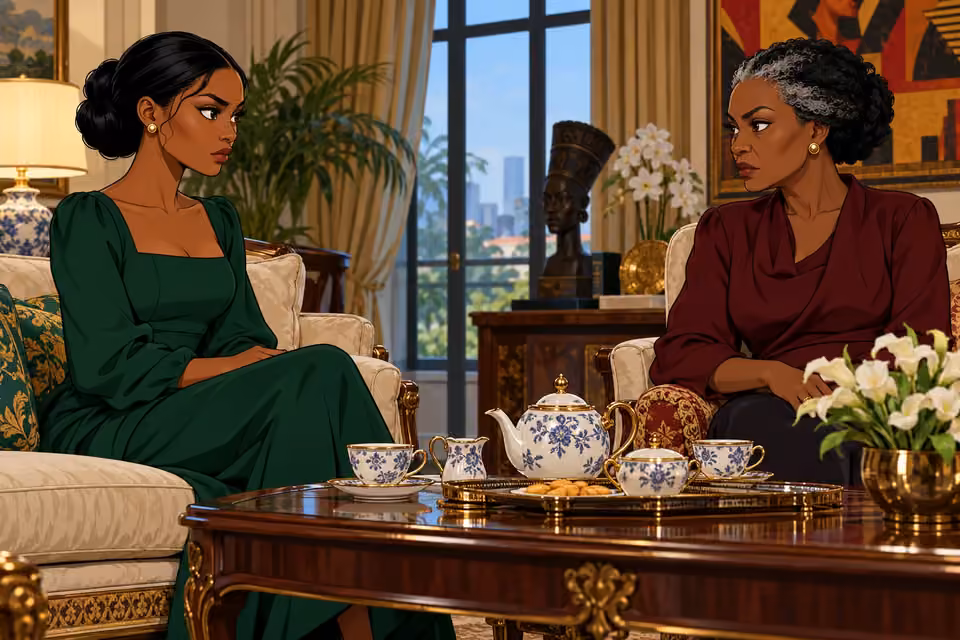 Amaka and Oluchi sit facing each other tensely across a tea table.
