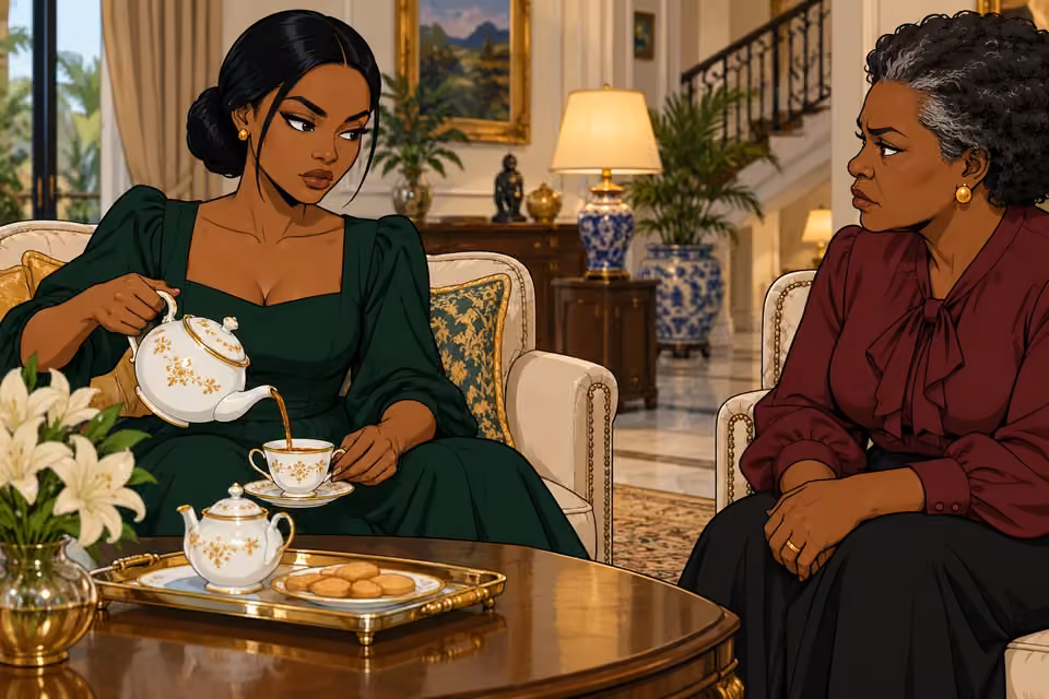 Amaka pours herself tea while staring coldly at Oluchi.