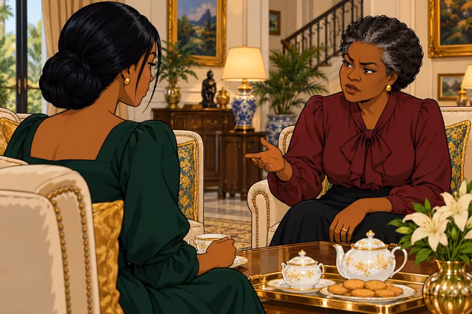 Oluchi speaks firmly across the tea table to Amaka.