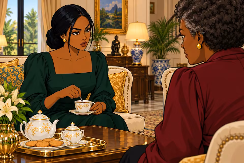 Amaka slowly stirs her tea while warning Oluchi.