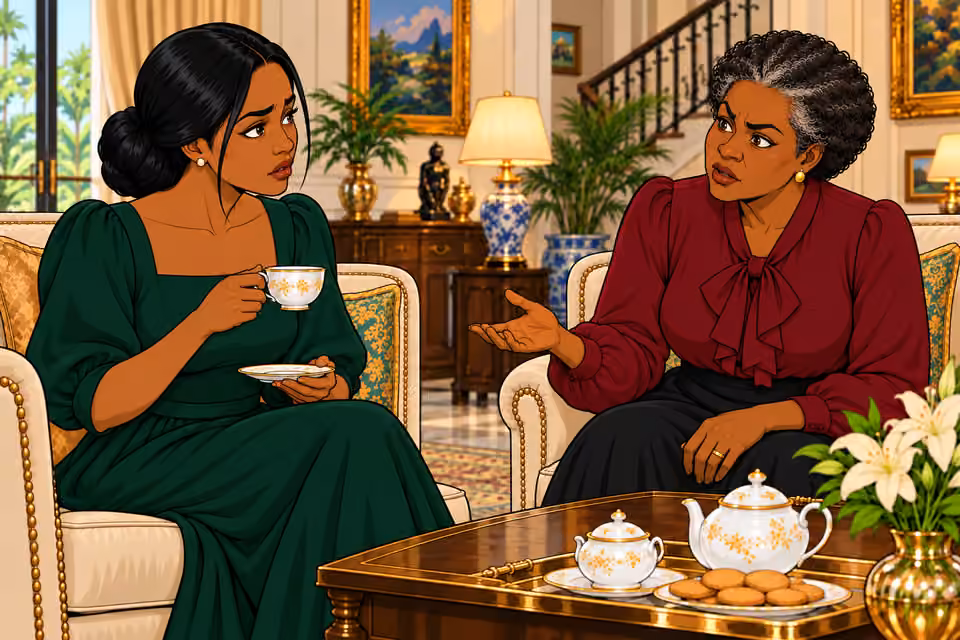 Cartoon illustration: Oluchi asks whether Amaka is proud.