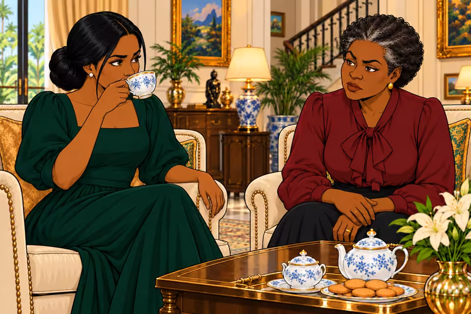 Cartoon illustration: Amaka drinks her tea without shame.