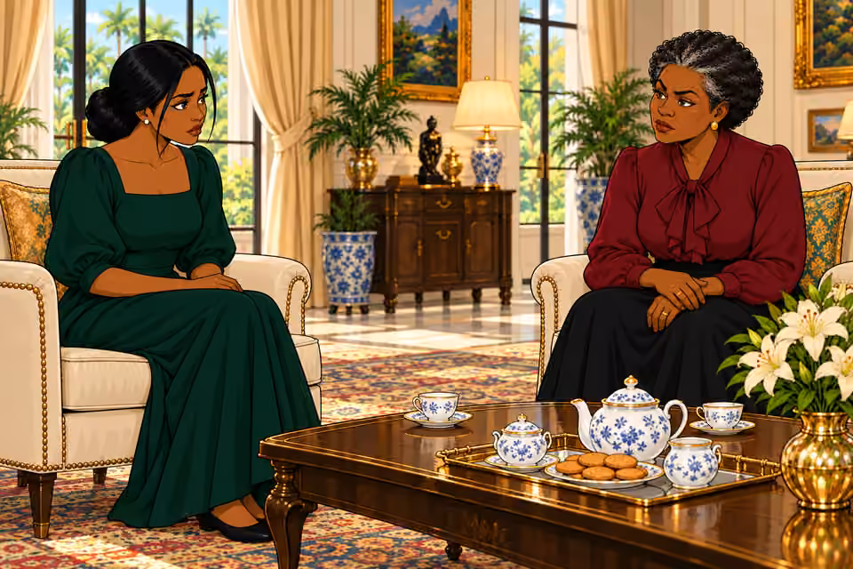 Cartoon illustration: Silence stretches between the women.