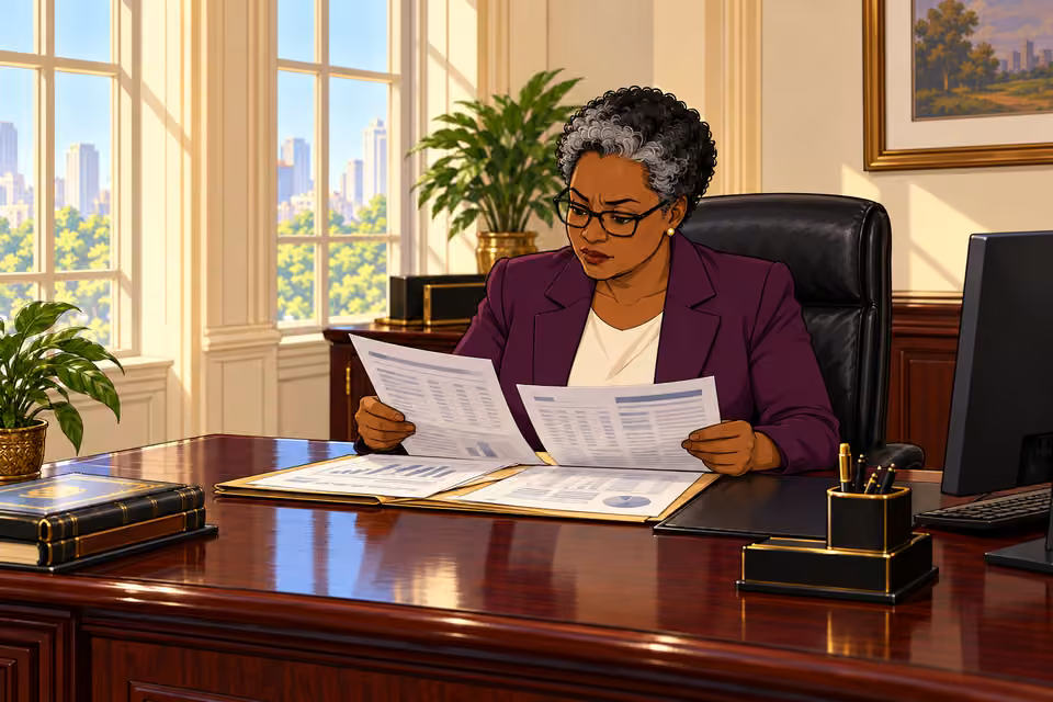 Cartoon illustration: The Commissioner studies the anonymous financial report.