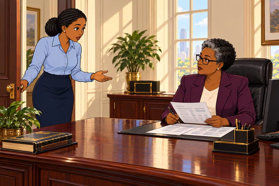 Cartoon illustration: The assistant enters and asks about calling the press.