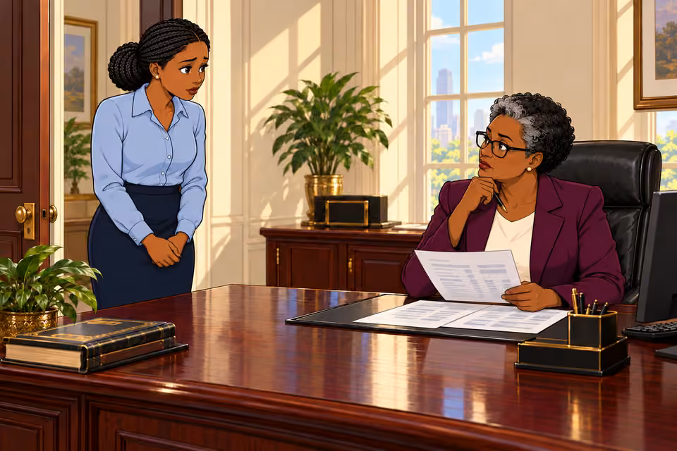 Cartoon illustration: The assistant asks what they should do.