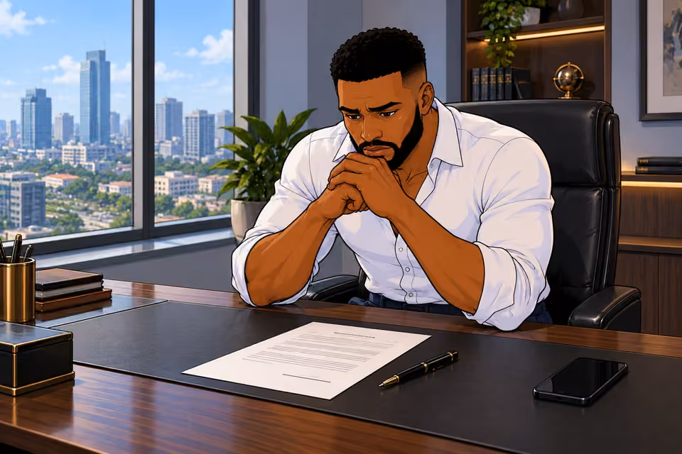 Cartoon illustration: Chuka sits in his office staring at divorce papers.