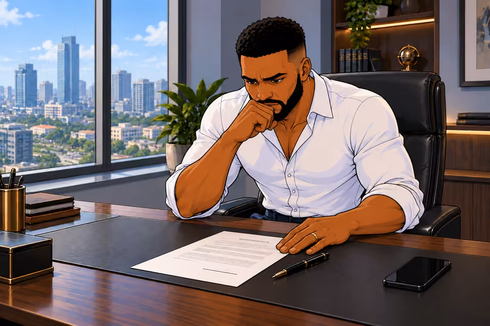 Cartoon illustration: He considers how unshakable Amaka has become.