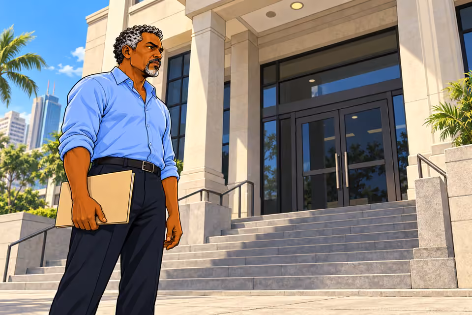 Cartoon illustration: Musa waits outside the Internal Audit Bureau.
