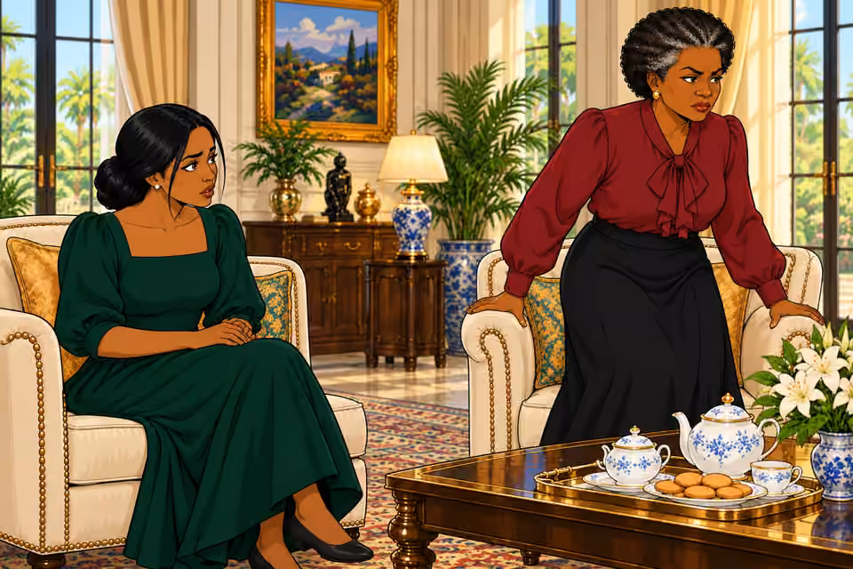 Cartoon illustration: Oluchi rises to leave the estate.