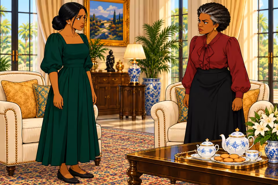 Cartoon illustration: Amaka stands to face Oluchi.
