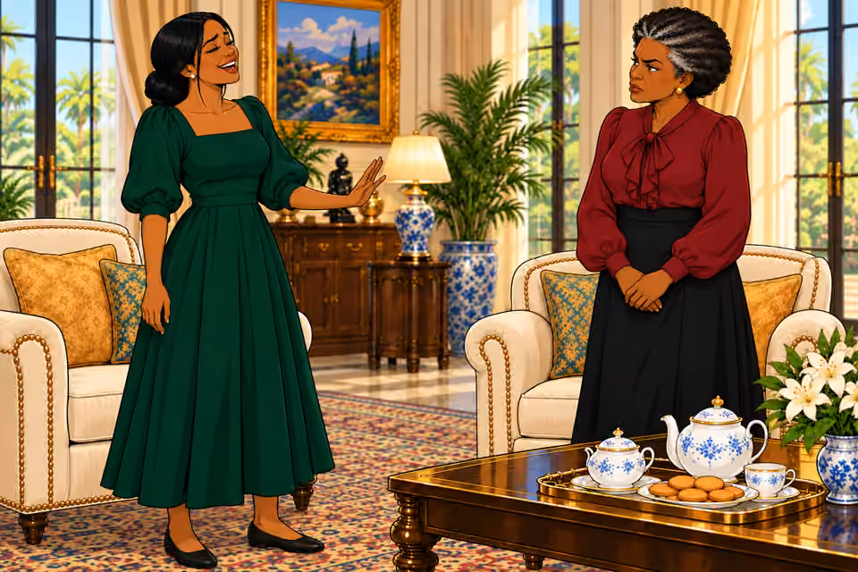 Cartoon illustration: Amaka laughs and declares that power justifies itself.