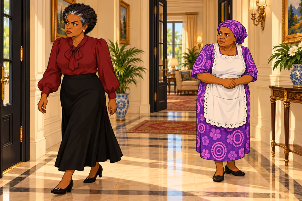 Cartoon illustration: Oluchi passes Mama Tutu in the hallway.